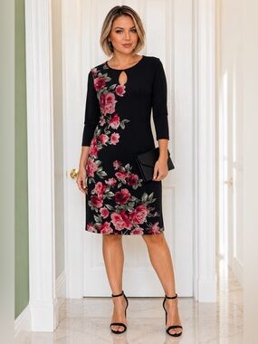 White House Black Market Black Midi Dress with Pink Floral Print